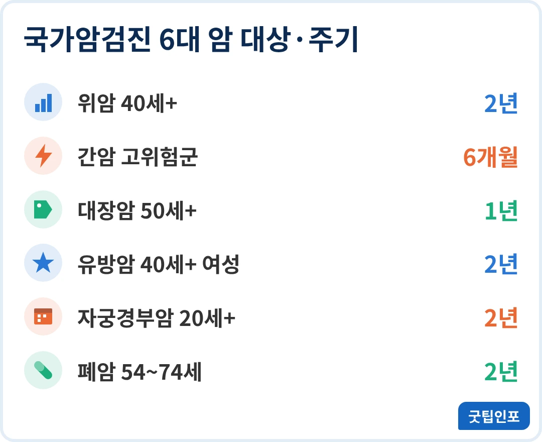 국가암검진 6대 암 대상 연령과 검진 주기 인포그래픽