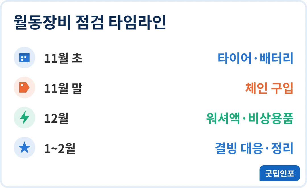 스노우체인 과태료 월동장비 점검 타임라인 인포그래픽